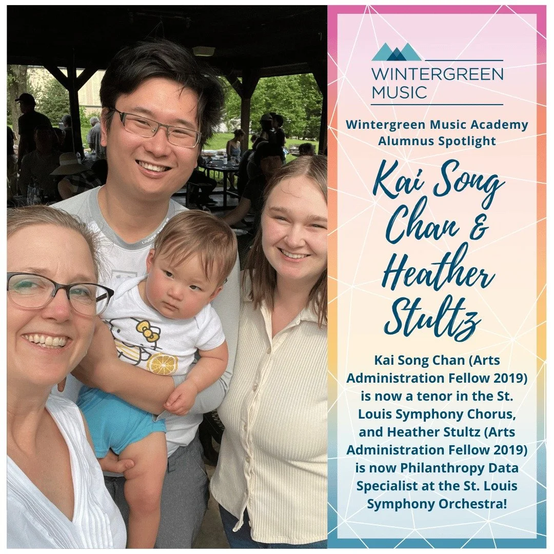 Spotlight on Wintergreen Music Academy alumn, Kai Song Chan and Heather Stultz! Kai and Heather met while serving as Arts Administration Fellows in 2019, and now they have a baby &ndash; little Ellie!