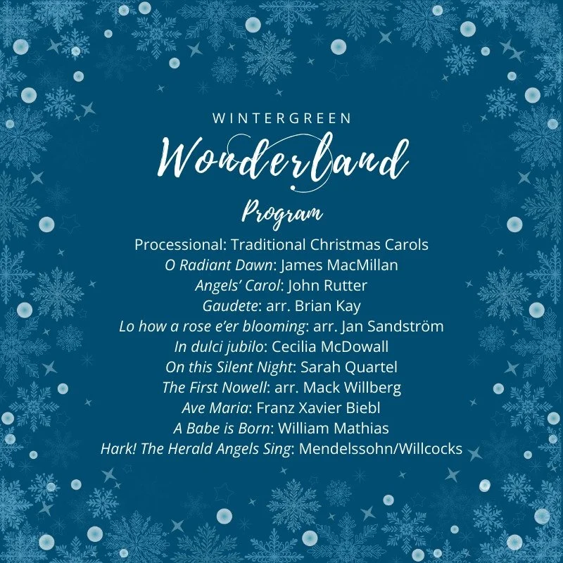 Announcing the program for the 2025 Wintergreen Wonderland concert, featuring the Virginia Consort! Join us on Sunday, December 14 at 4:00 PM at Rockfish Presbyterian Church for this timeless tradition to inspire your holiday season &ndash; tickets a