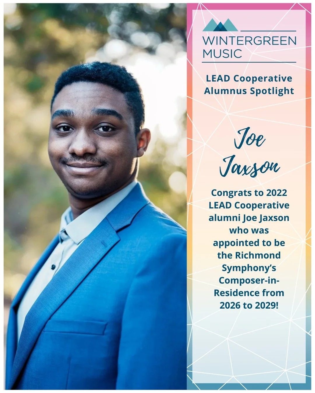2022 LEAD Cooperative alumni Joe Jaxson (composition) was recently appointed to be the Richmond Symphony's Composer-in-Residence from 2026-2029. Congrats, Joe!