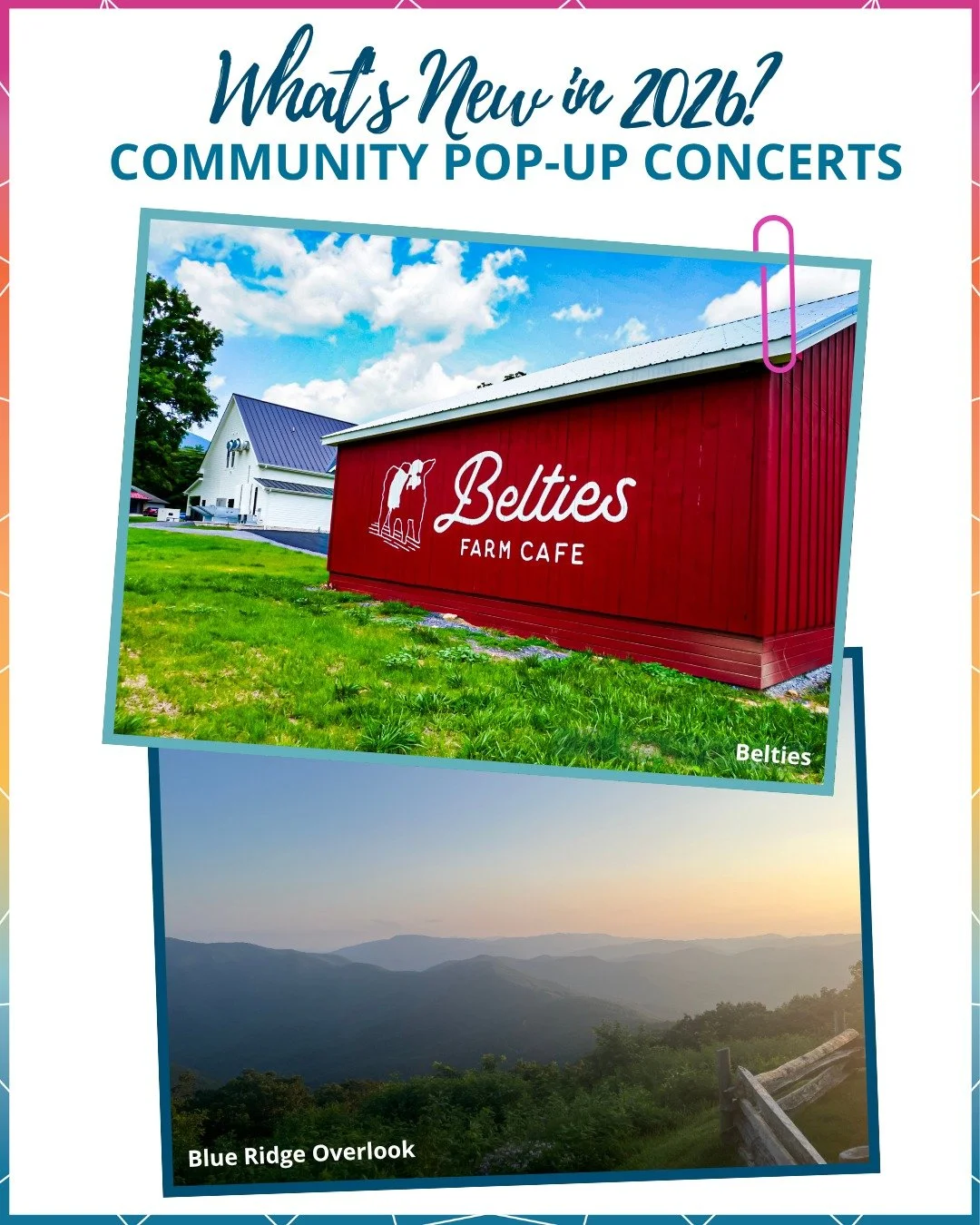 Daytime Saturdays come alive with FREE chamber and choral performances popping up across the region&mdash;bringing more music into the community. Stop by 
the Blue Ridge Overlook at 10:00 am on July 18 or at Belties at 10:00 am on July 25 to discover
