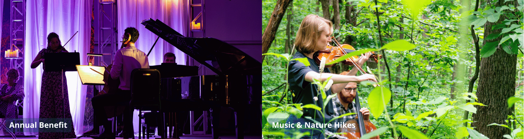 Musicians playing at the annual benefit and during a music and nature hike