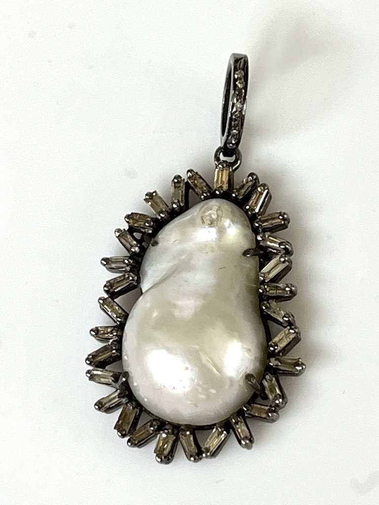 Abstract Pearl with Diamond Baguette Frame 1 3/4"