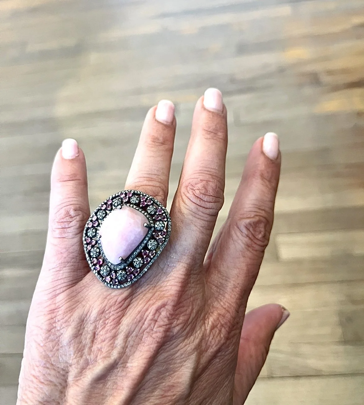 Pink opal, sapphire and diamond