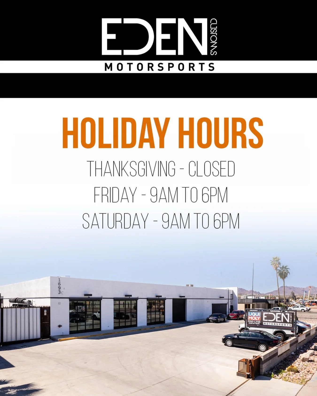 Happy Thanksgiving to you and your families! We'll be here Friday and Saturday for all of your maintenance, repair, and aftermarket performance needs 🦃 #EDENcustoms
