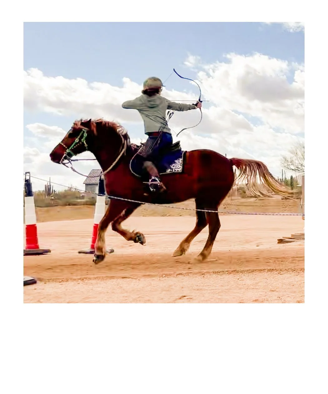 graphic designer and illustrator maria decerce riding horse ketchup competing in horseback archery