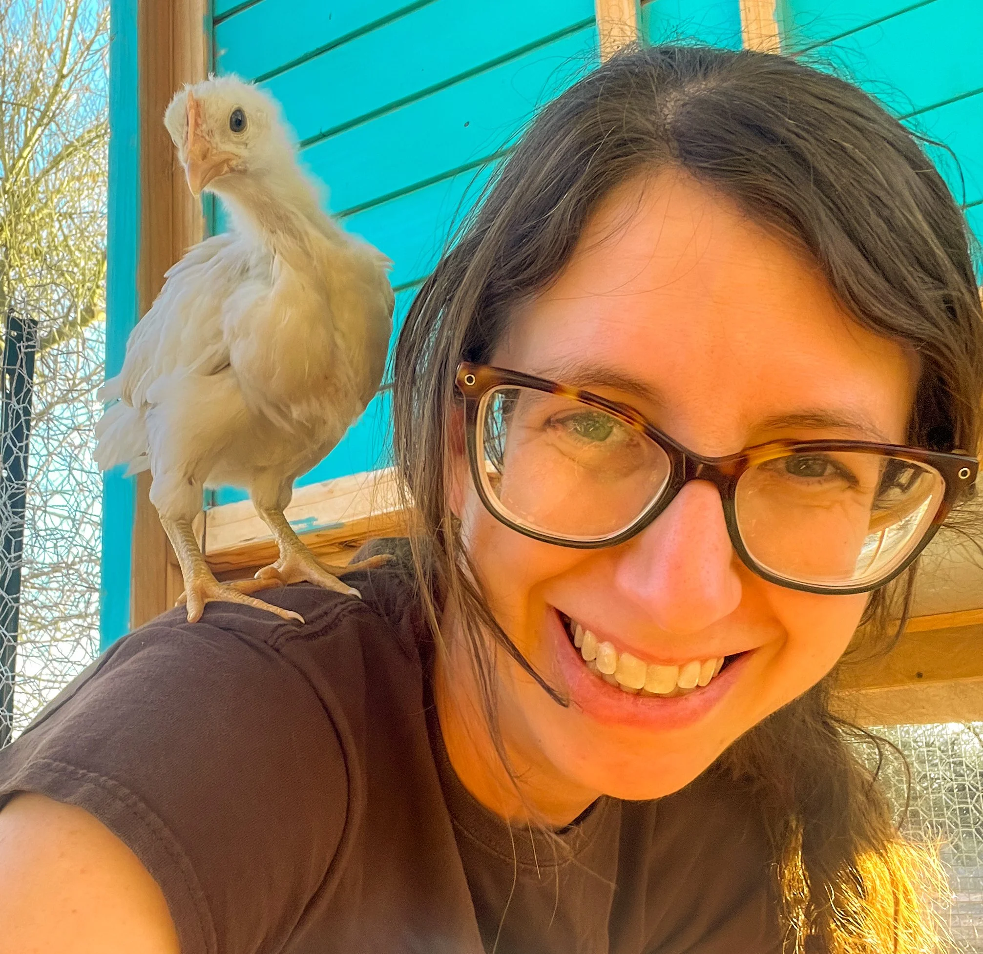Designer Maria DeCerce with Pet Chicken
