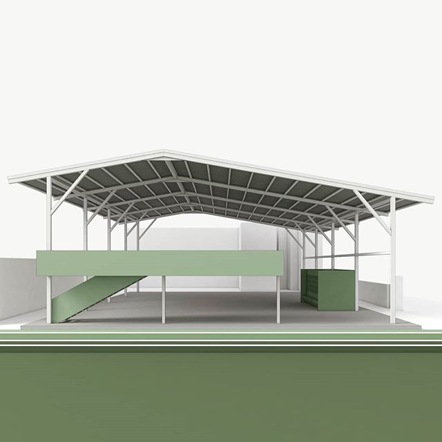 Athletic Pavilion by Kamara Projects 🏐⚽🥋🐍 A roof canopy shelters a multipurpose sports surface from monsoon rains. While the interior flows directly onto an adjacent football field, an open air mezzanine level above overlooks both spaces. Beginnin