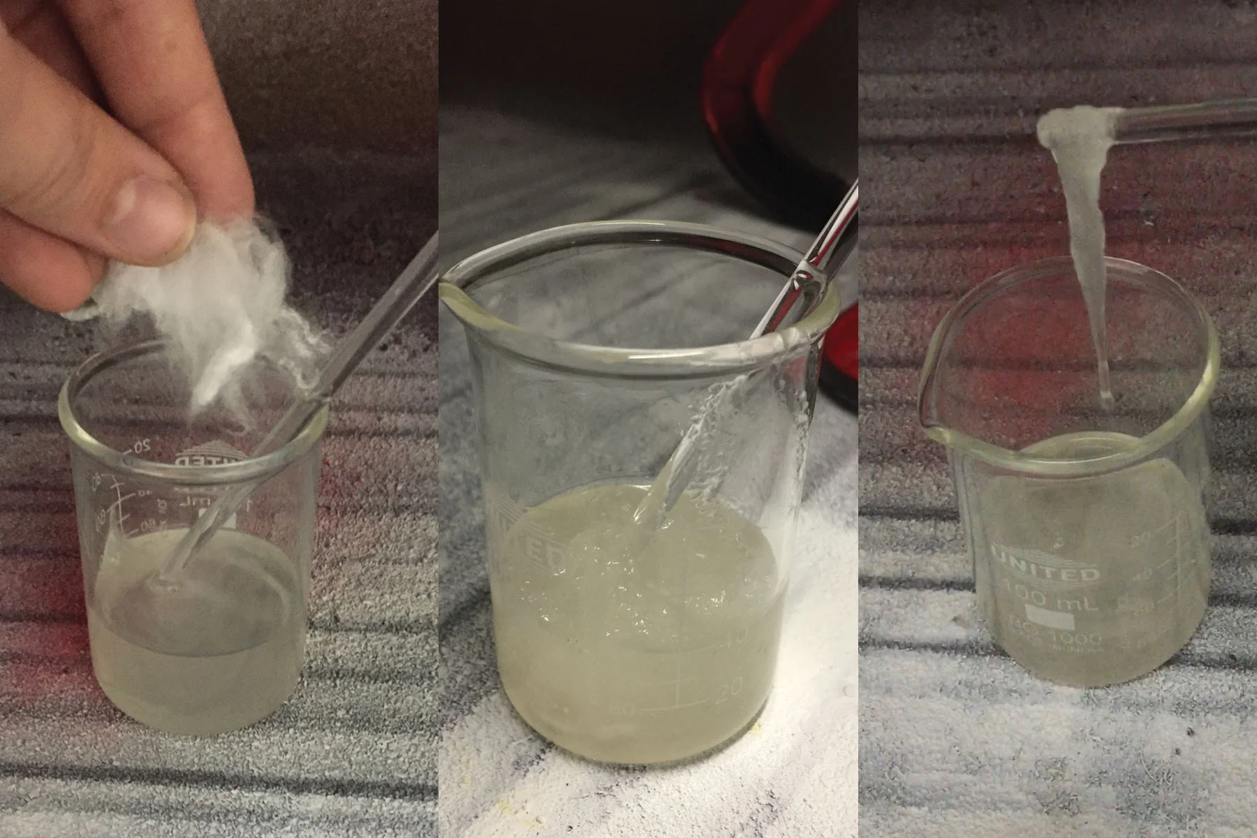 acrylic fibers melted into solution in DMF mixed with phosphorescent pigments