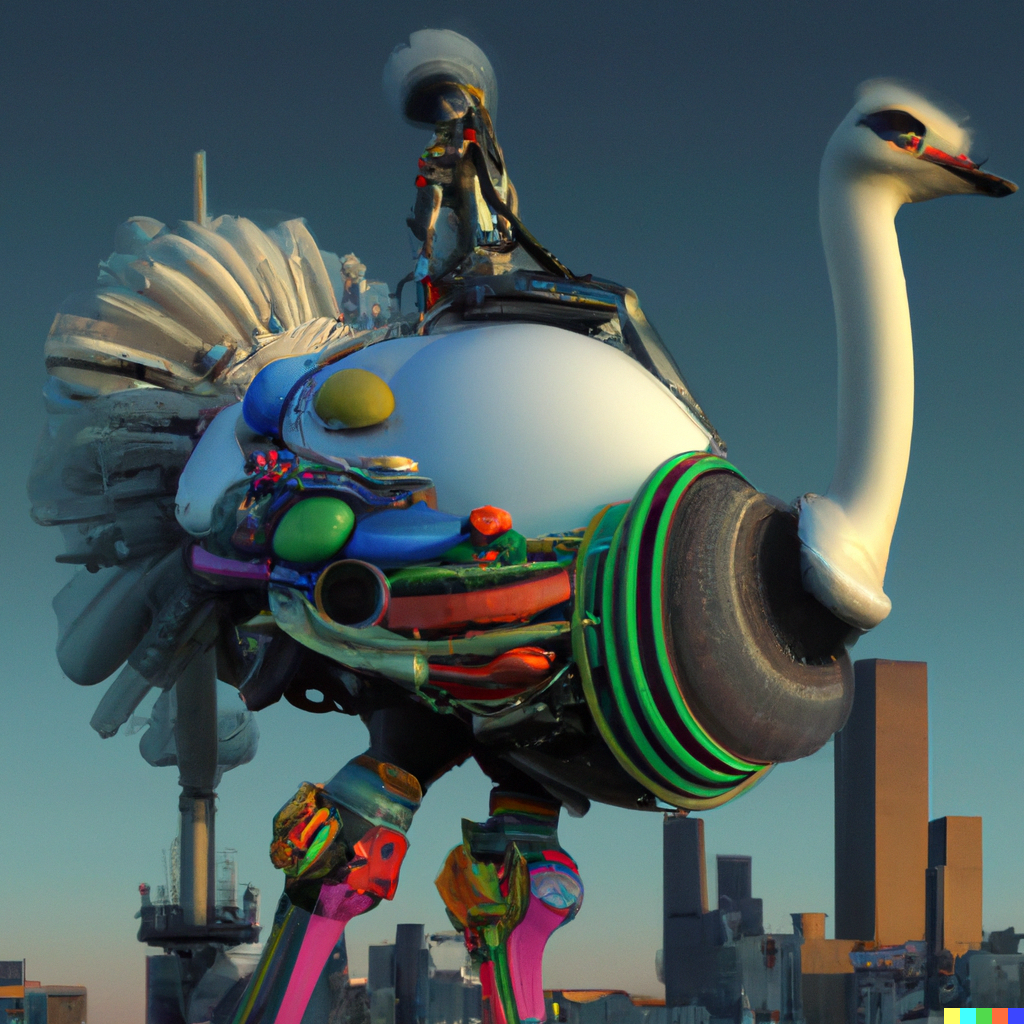 DALL·E 2022-09-01 15.50.31 - a render of a Takashi Murakami riding a giant ostrich in a futuristic city .png