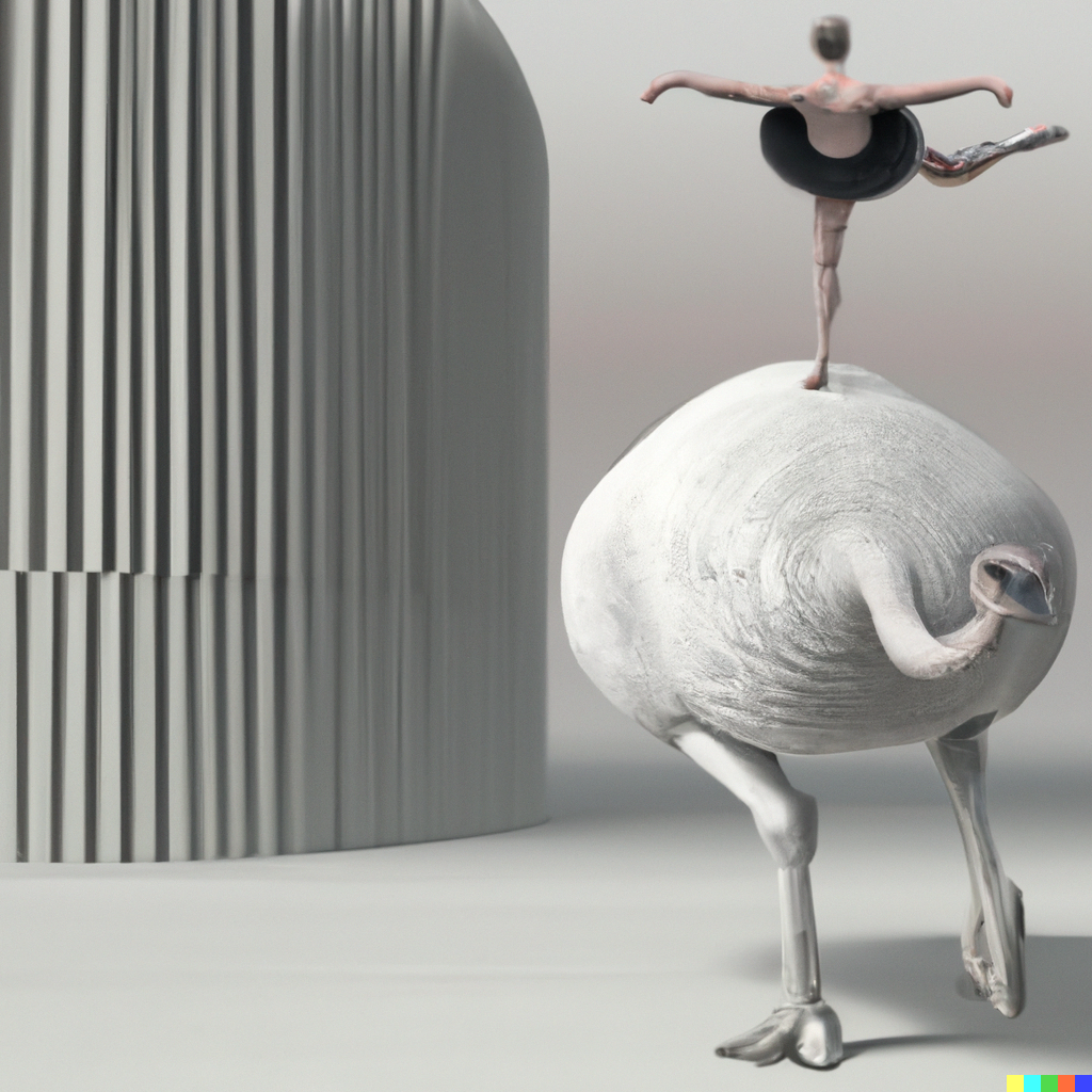DALL·E 2022-09-01 15.54.41 - a render of ballerina riding a giant ostrich in a futuristic city made of Brancusi sculptures .png
