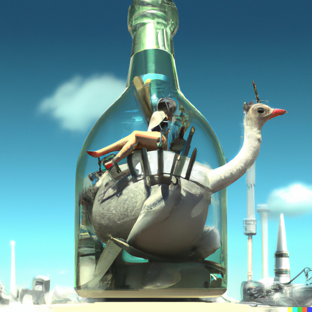 DALL·E 2022-09-01 16.09.40 - a render of a girl riding a giant ostrich in a futuristic city made of ships in a bottle .png