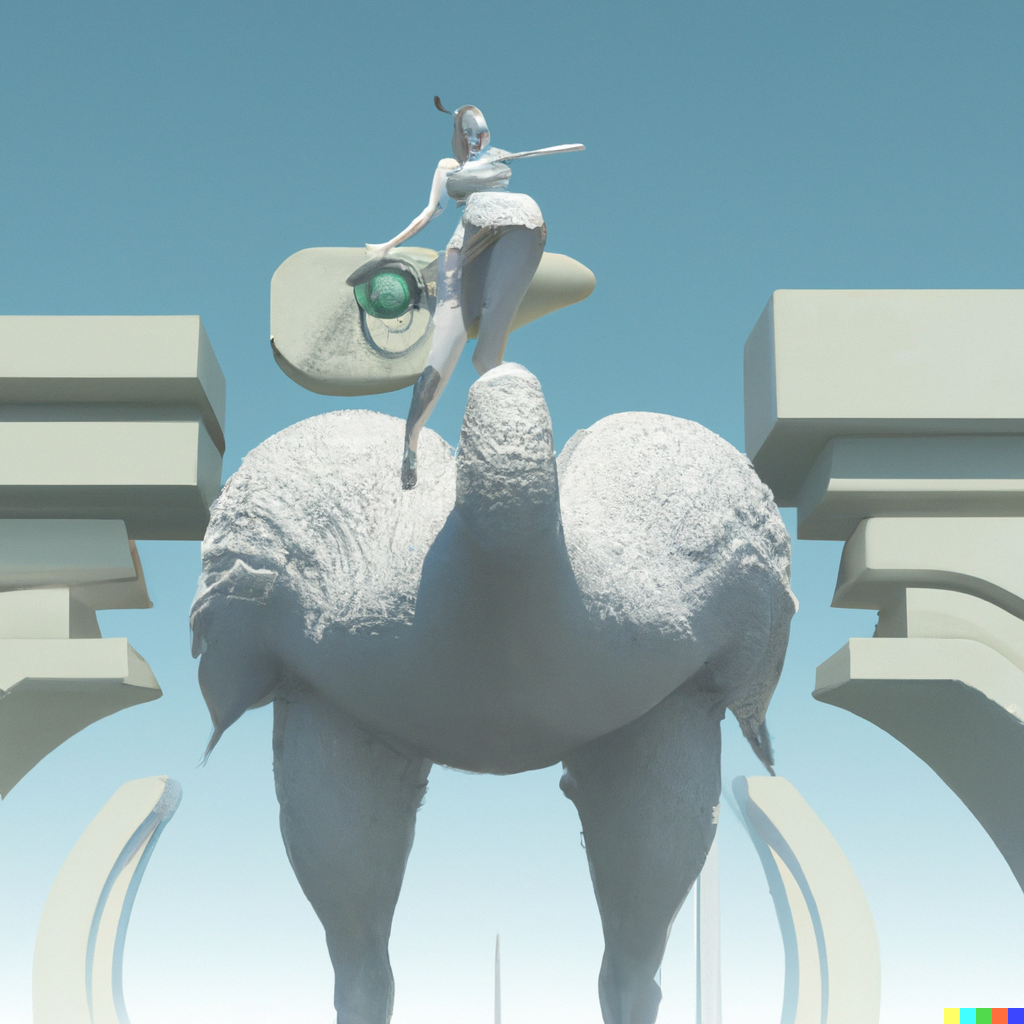 DALL·E 2022-09-01 16.13.07 - a render of a girl riding a giant ostrich in a futuristic city made of marble statues .png