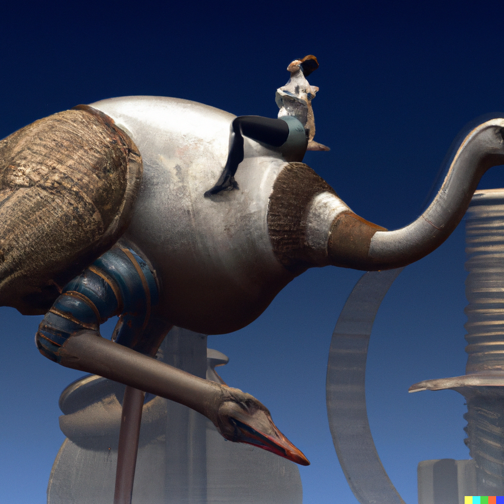 DALL·E 2022-09-01 16.27.22 - a render of a girl riding a giant ostrich in a futuristic city made out of torso sculptures .png