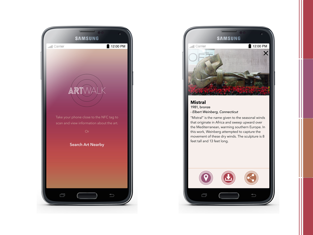 HOME SCREEN: The user can tag using NFC technology from this screen or just simply search for art nearby. Once the phone is brought close to the NFC tag, the user sees information about the art, which he can see location of, save or share from this screen.