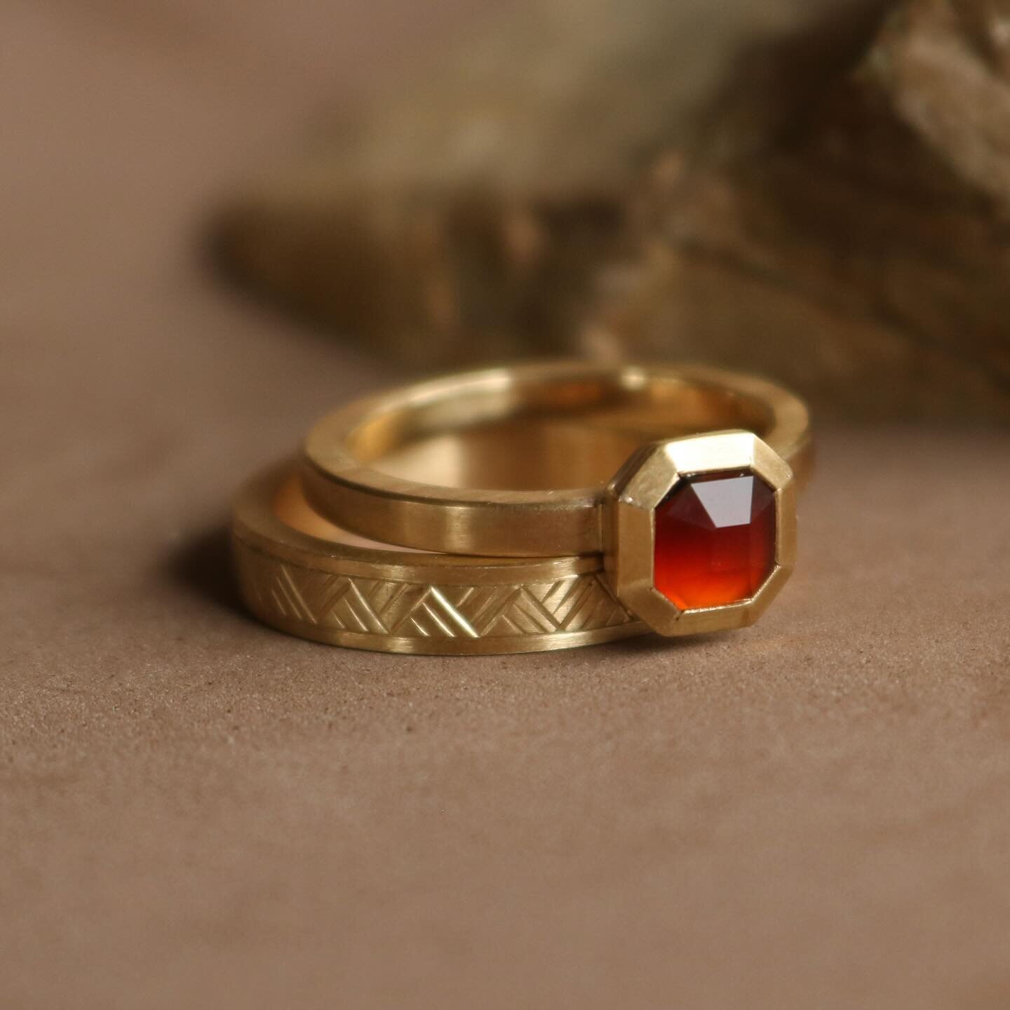 A couple of my favourite pieces from my upcoming Ceremonial Ring Release in a couple of weeks.
Octagon Coromandel Carnelian in 9ct gold and a hand engraved raranga/weaving ring also in 9ct gold. 
These won&rsquo;t be sold together but they look might