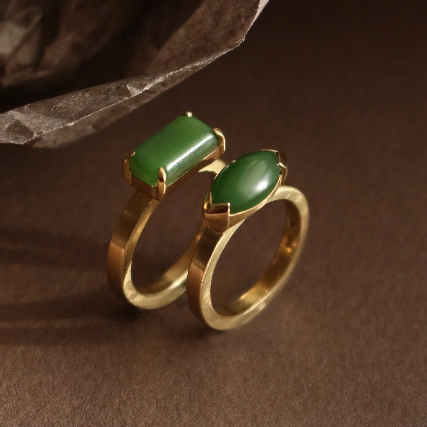 You can&rsquo;t beat a juicy Pounamu cabochon!
The soft rounded shape of a cabochon really enhances the lustre and depth of colour in a stone, not to mention it&rsquo;s super durable.

These two bespoke rings are a pair of engagement rings, made from
