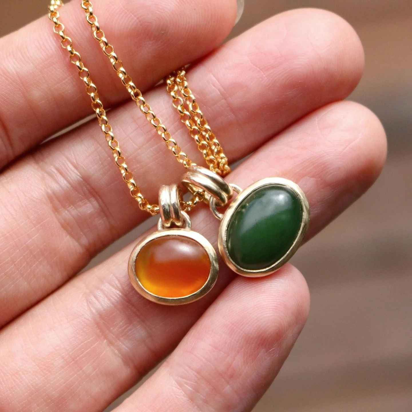 My favourite new pendants!
You&rsquo;ve got to love the glow in the stones, there&rsquo;s something so magical about the way a cabochon (the stone shape) holds the light and colour. 
These will be available in my collection release on Monday.
Green a