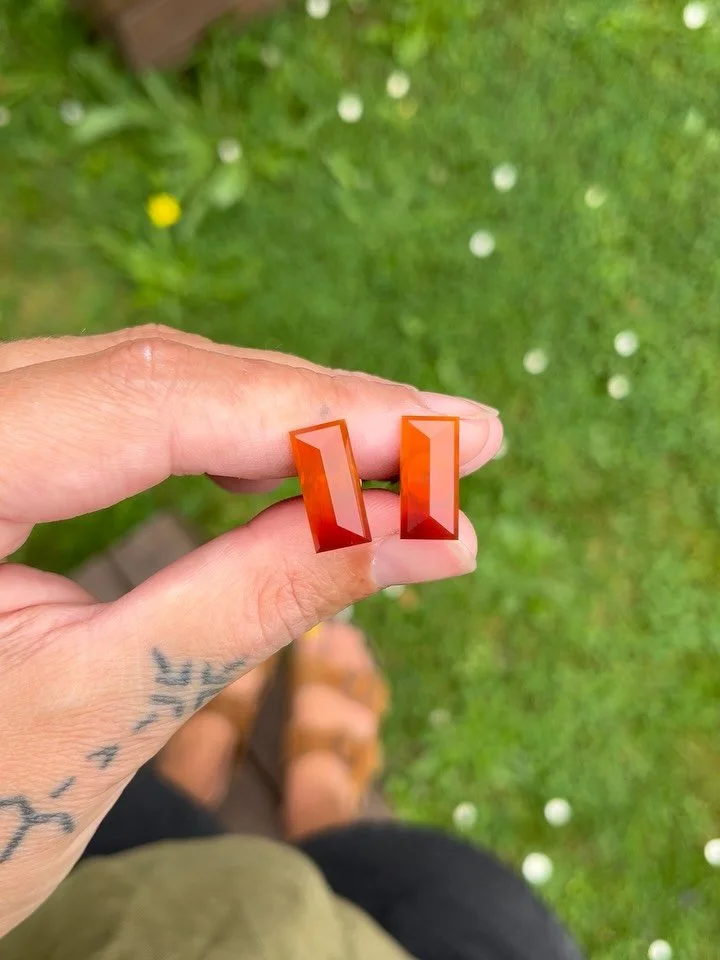 First couple of weeks back in the studio for 2026!

This pair of gems I cut from some Carnelian from the Coromandel region here in Aotearoa. 
This particular piece of Carnelian was hand collected in back in the 80s by a mother daughter duo who spent 