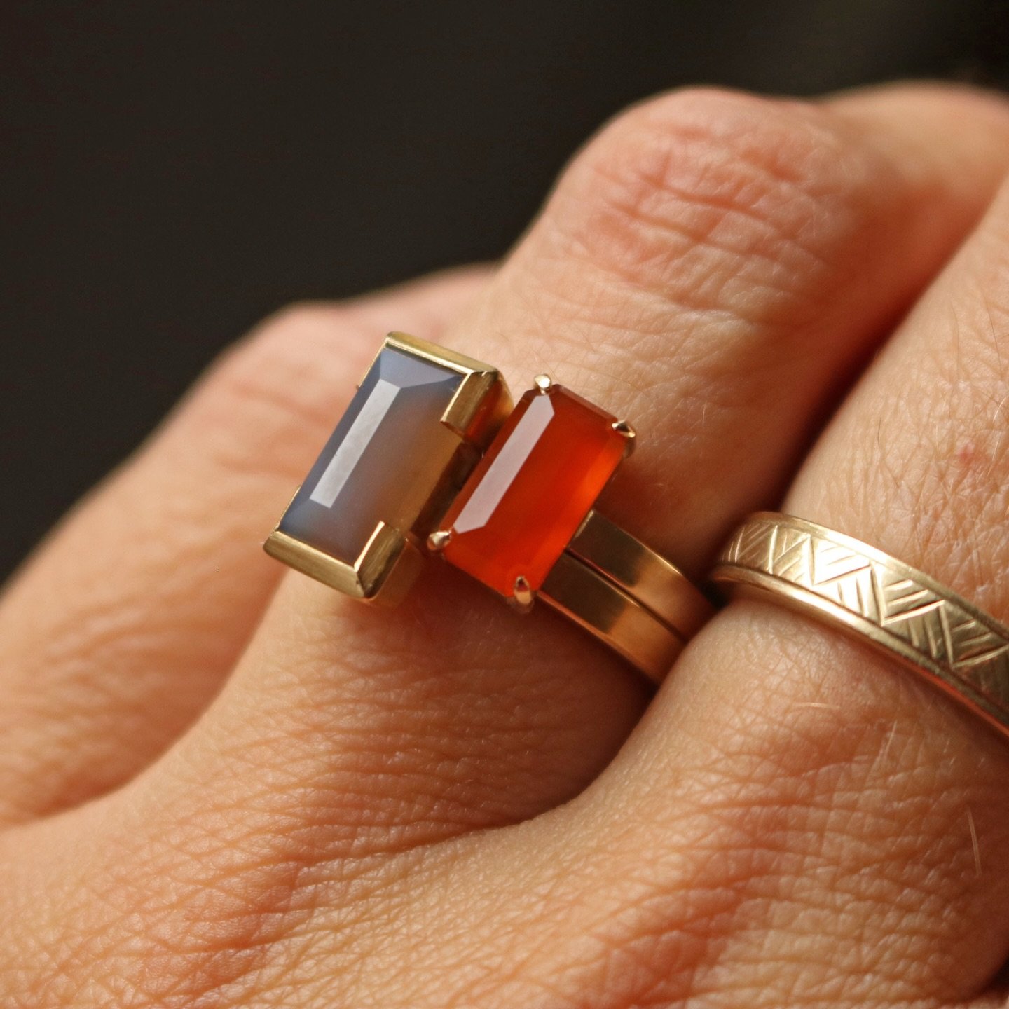 These two rings aren&rsquo;t made to go together but I do love an unintentional and unconventional pairing.
The muted Canterbury lavender agate with the bright orange sunset of the Coromandel Carnelian.
Yum yum!
Both in 9ct gold.

I&rsquo;ve started 