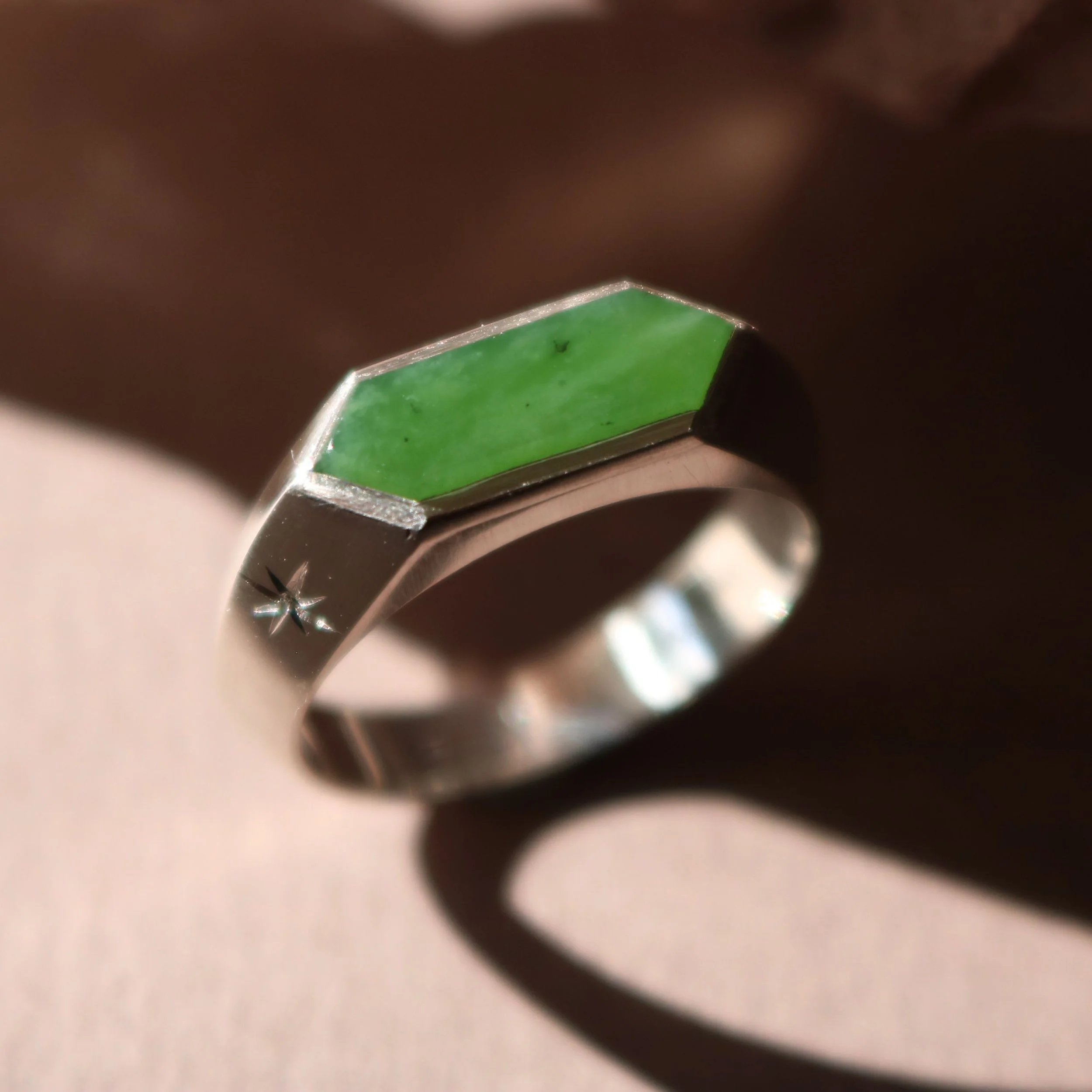 Pounamu greenstone silver signet ring
