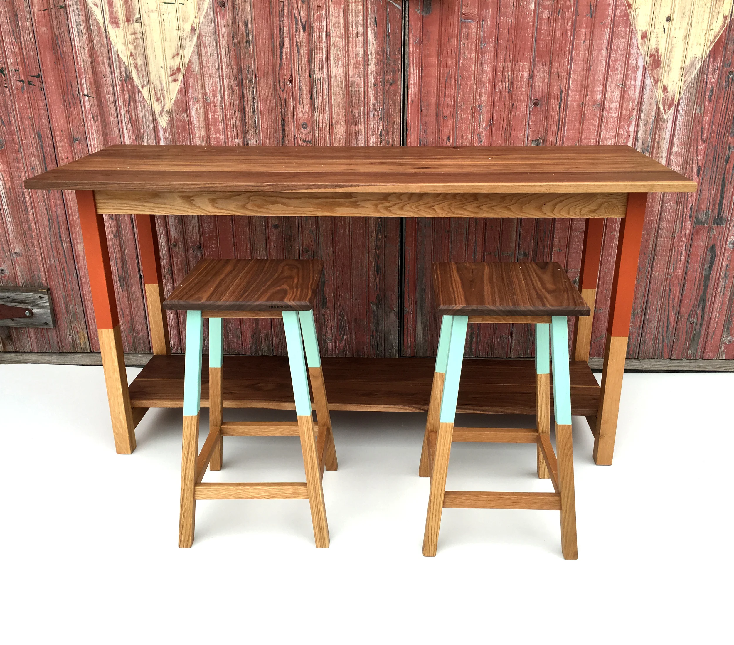  Studio Table with Carnelian paint accent &amp; Kitchen Stools with Aqua paint accent. 