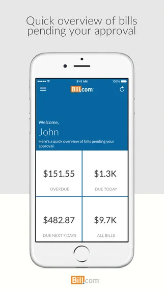 Screenshot of the Bill.com iOS app dashboard