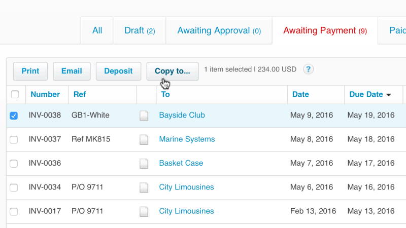 Animated GIF showing the new copy invoice workflow in Xero