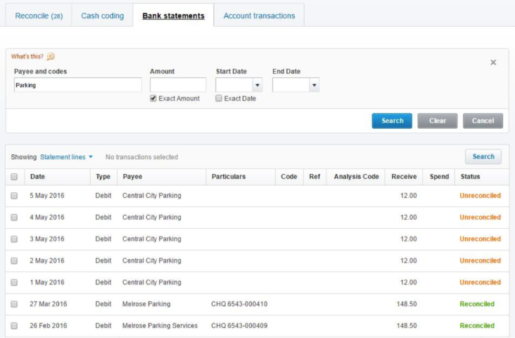 Search Xero bank statement lines by payee, reference, description, code, amount, and date 