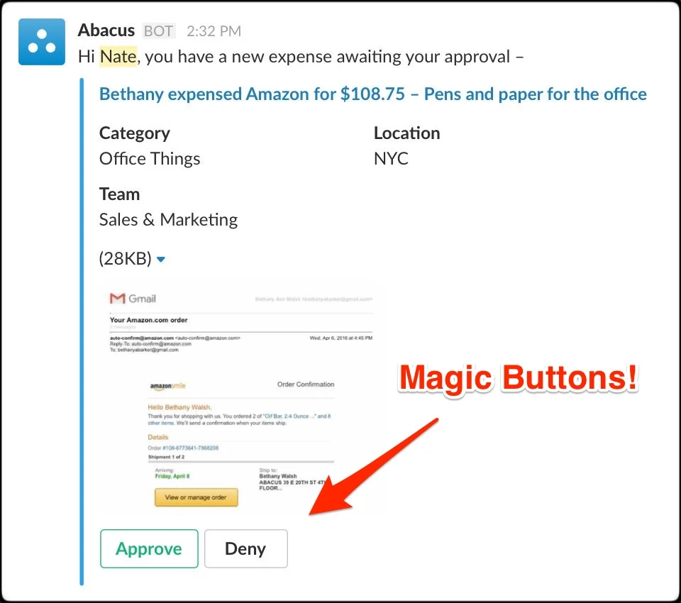 Here's an example of the Abacus notification in Slack with the Approve and Deny buttons embedded in the notification.