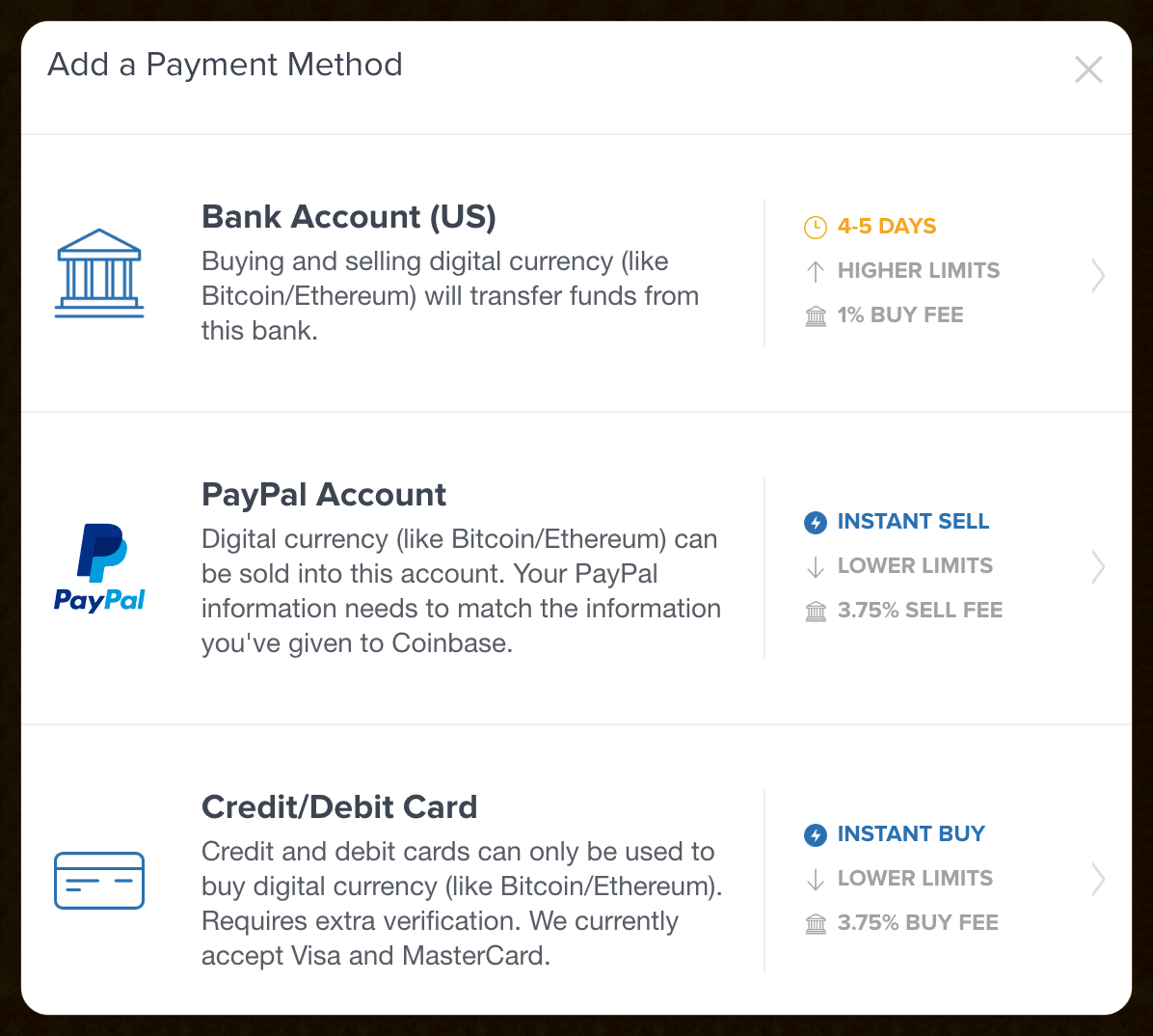 New Coinbase payment options