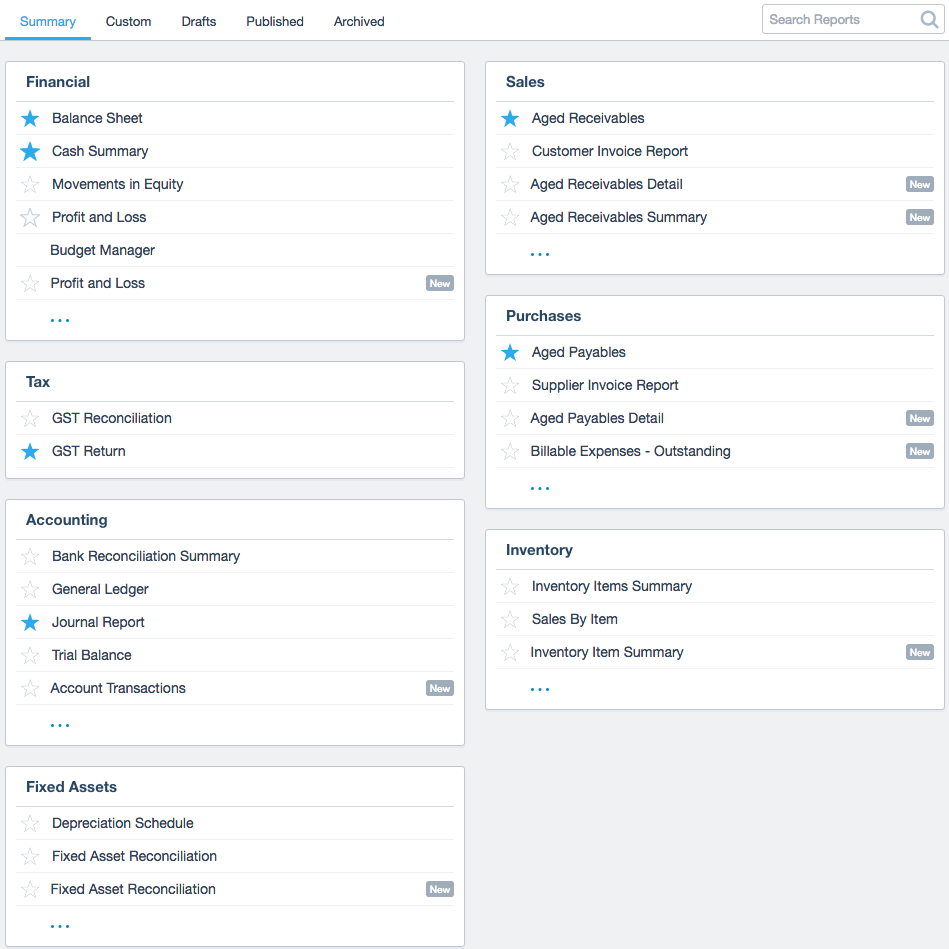 Here's what the new Xero report center looks like.
