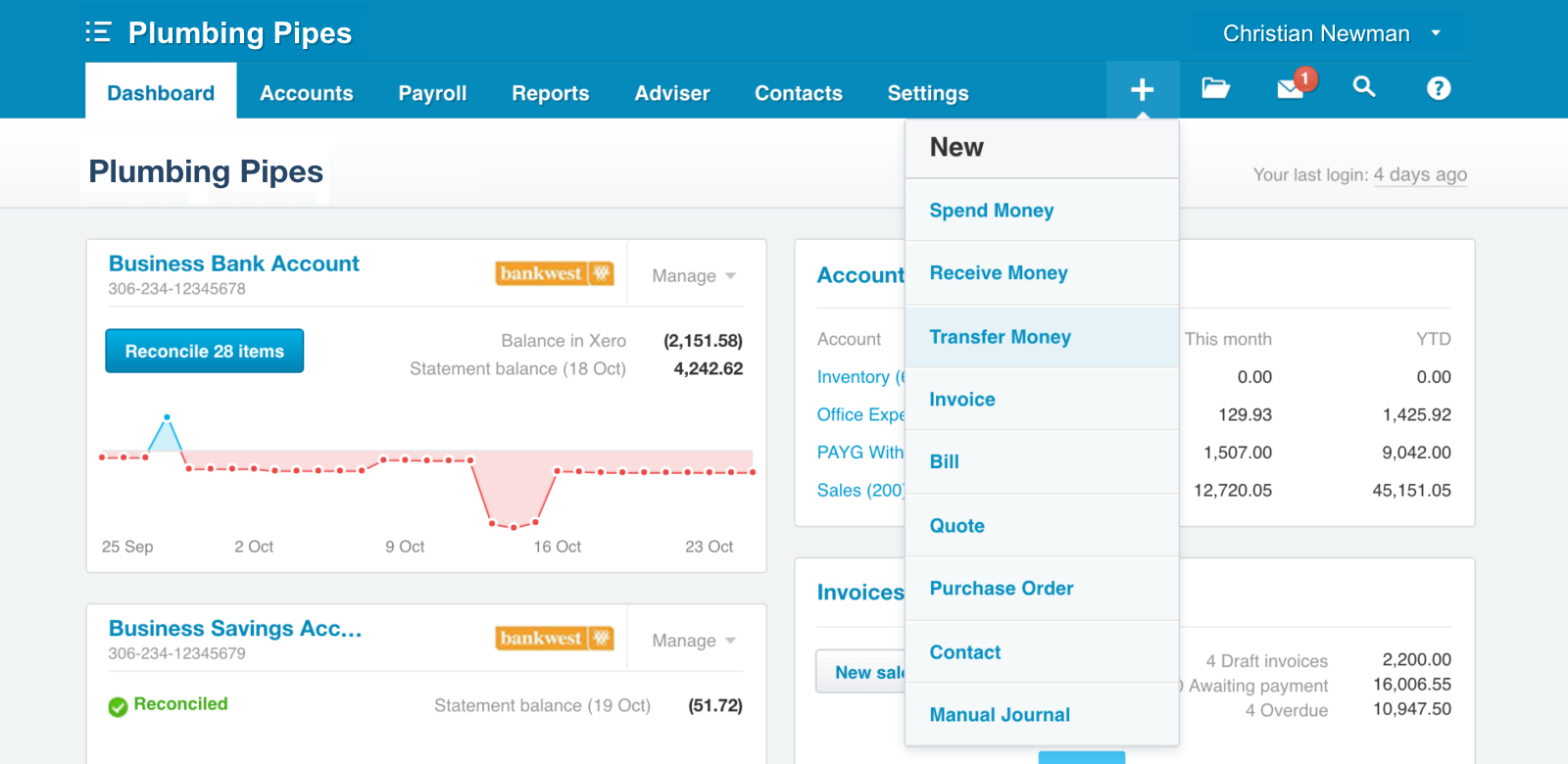 Now create Spend Money, Receive Money, and Transfer transactions from the + menu in Xero