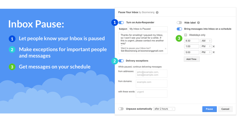 Pause your email inbox with Boomerang