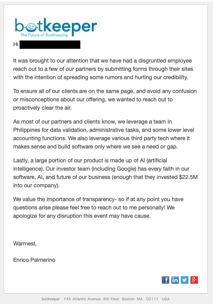 Email from from Enrico Palmerino, CEO, to Botkeeper accounting firm partners sent February 12, 2019
