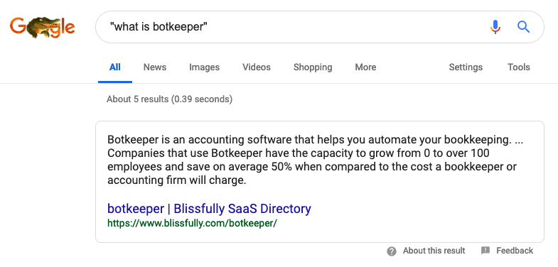 The featured result on Google Search for “what is botkeeper”