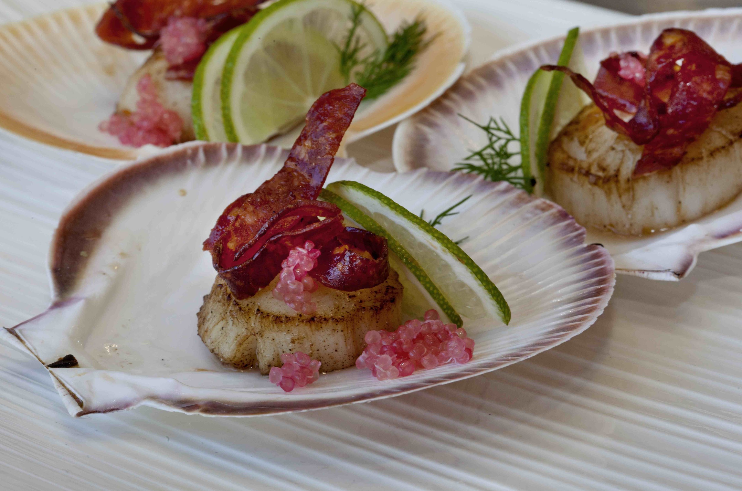 Scallops with Chorizo and finger limes