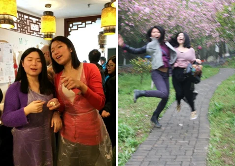 Eva and I making dumplings on the left, and spending QingMing Festival together on the right