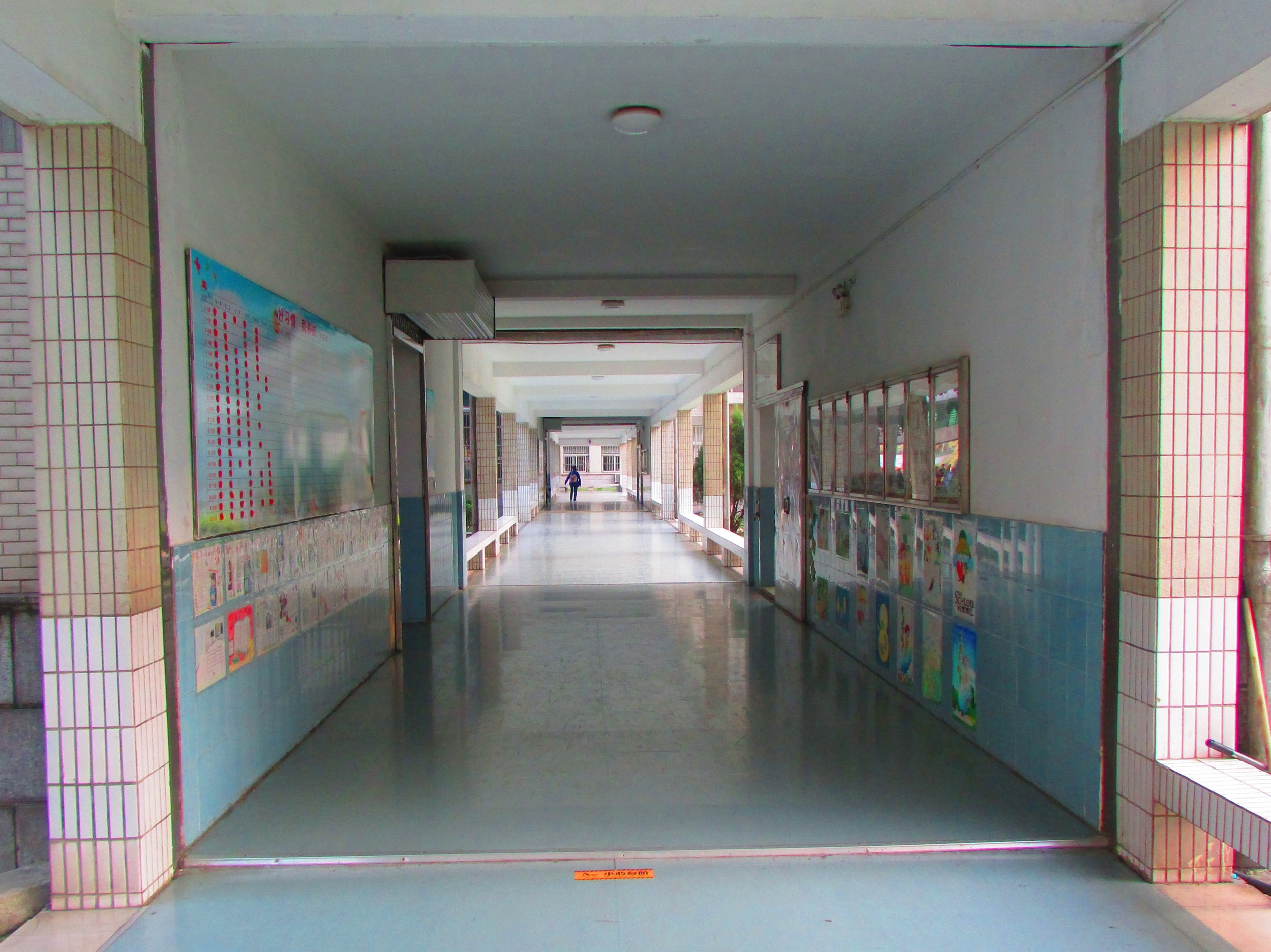 The hallway leading up to the grade three classrooms.