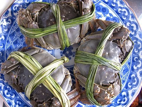 Steamed Hairy Crab: Hairy Crabs are traditionally served with Ginger Tea or Wine to balance the “cooling yin” nature of the crab. Hairy Crab season begin in September and ends in November. Eating the small but fleshy and roe-filled Hairy Crab is a time-consuming exercise that requires patience but is well worth the trouble.