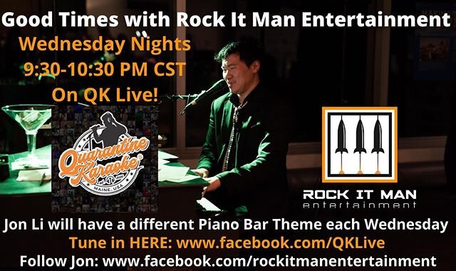 We're excited to partner with Quarantine Karaoke and QK Live for the debut of a new series called &quot;Good Times&quot; starting tomorrow night! 
Tune in to QK Live every Wednesday from 9:30-10:30PM CST, when Jon Li will put on an all-request Piano 