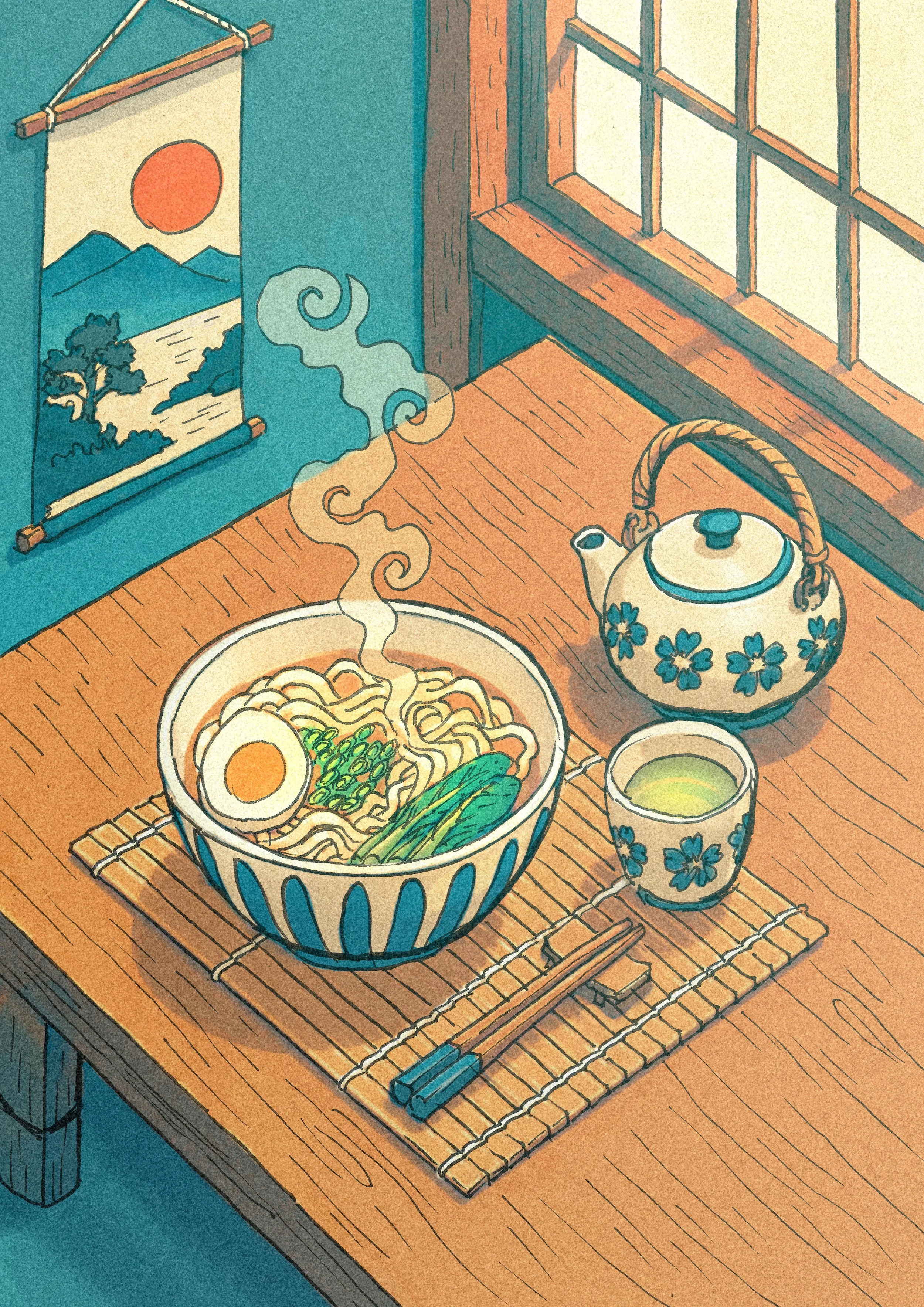 illustration-of-noodles-josh-caudwell-illustrator-artist-drawing-digital-art-noodle-bowl-and-tea-on-table copy.jpg