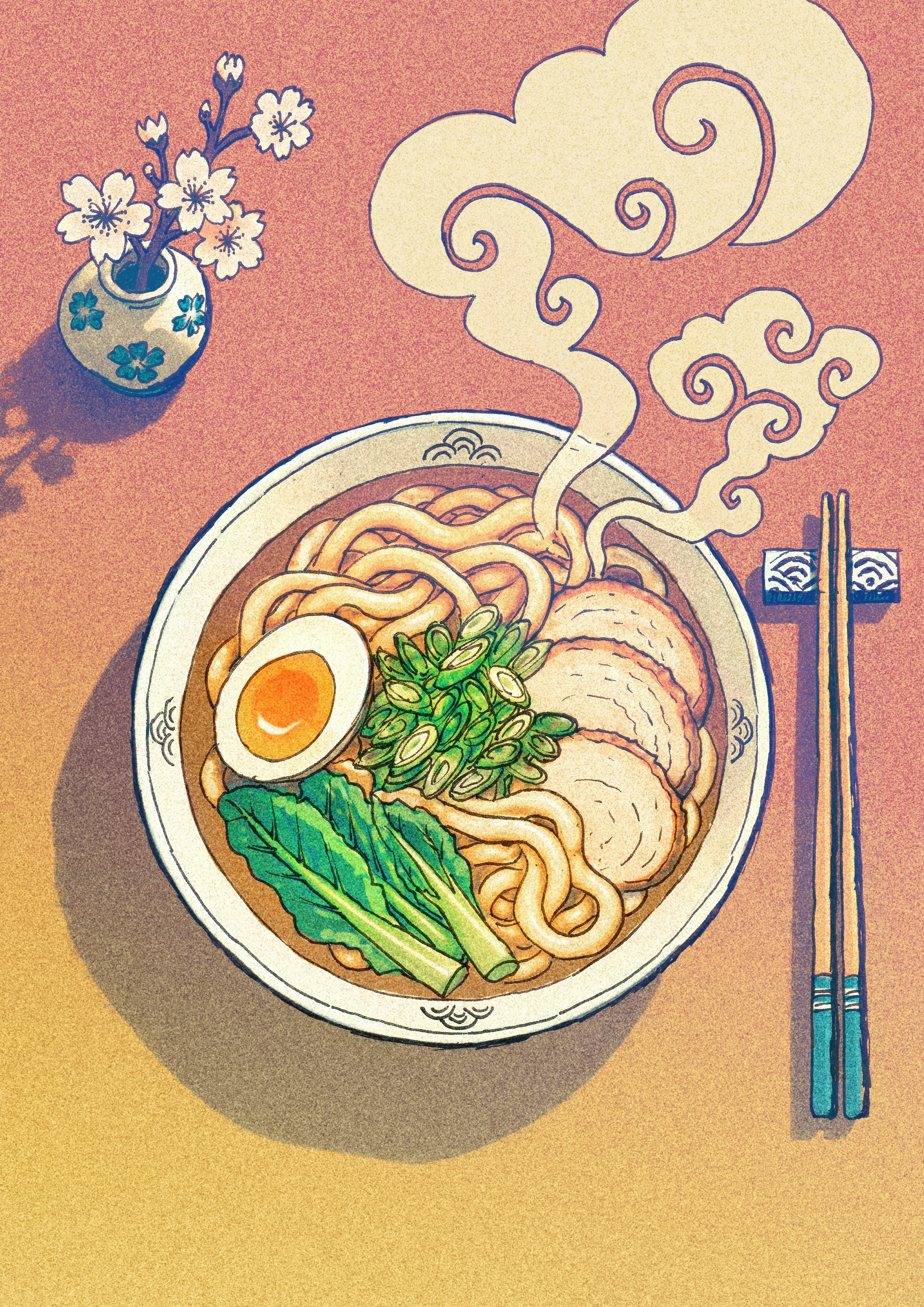 illustration-of-noodles-josh-caudwell-illustrator-artist-drawing-digital-art-noodle-bowl-on-table-with-cherry-blossoms-and-chopsticks.jpg