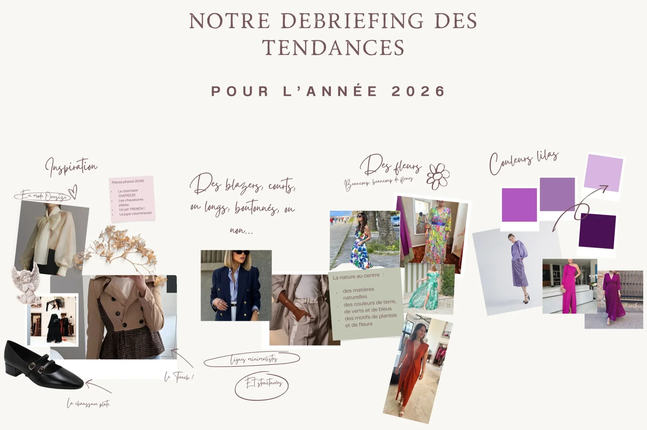 Une présentation sur les tendances mode pour 2026, avec des images de vêtements, accessoires, et palettes de couleurs, accompagnée de notes et dessins manuscrits.