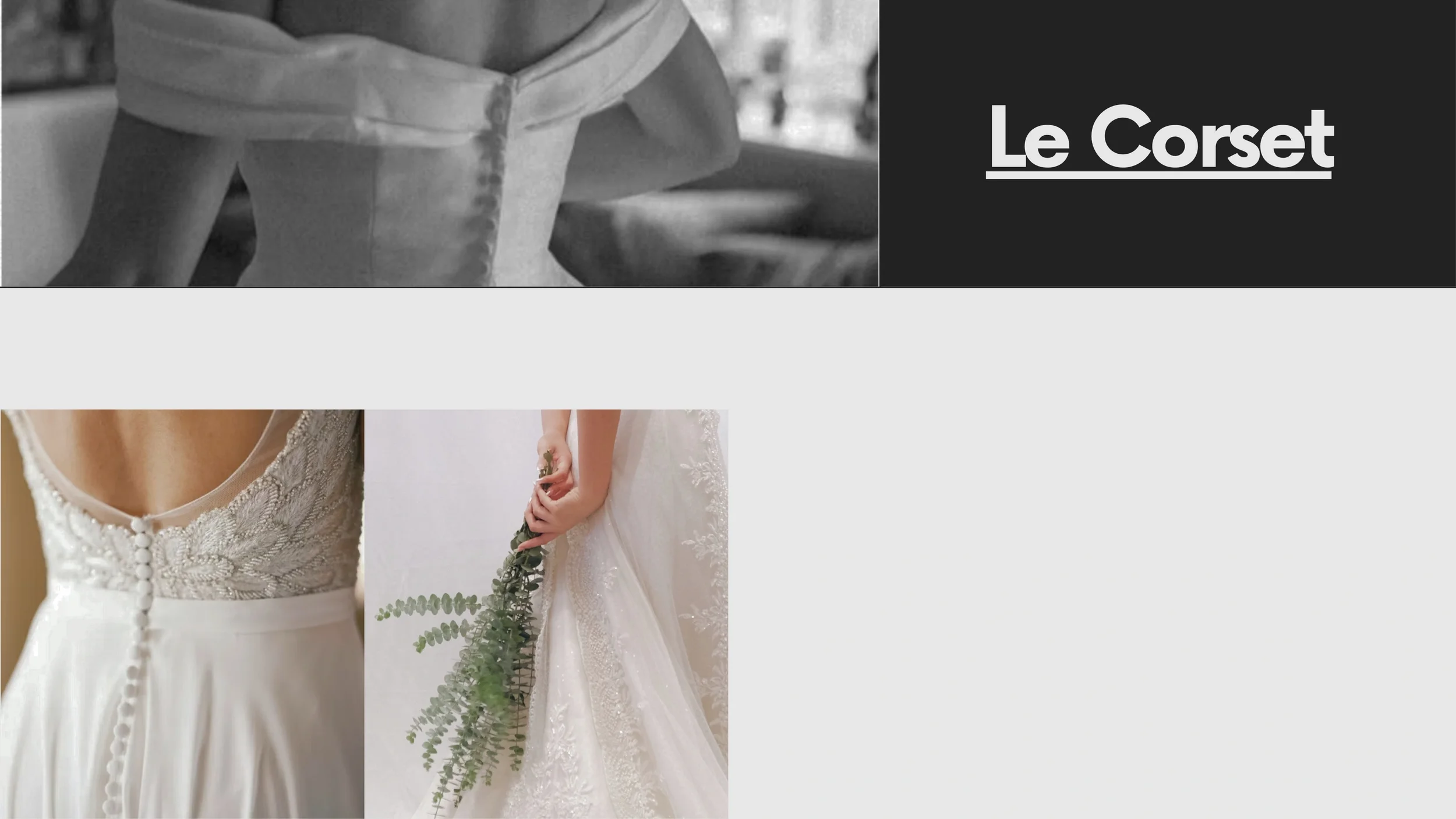 Une femme tient un bouquet de fougère, portant une robe de mariée en dentelle blanche.