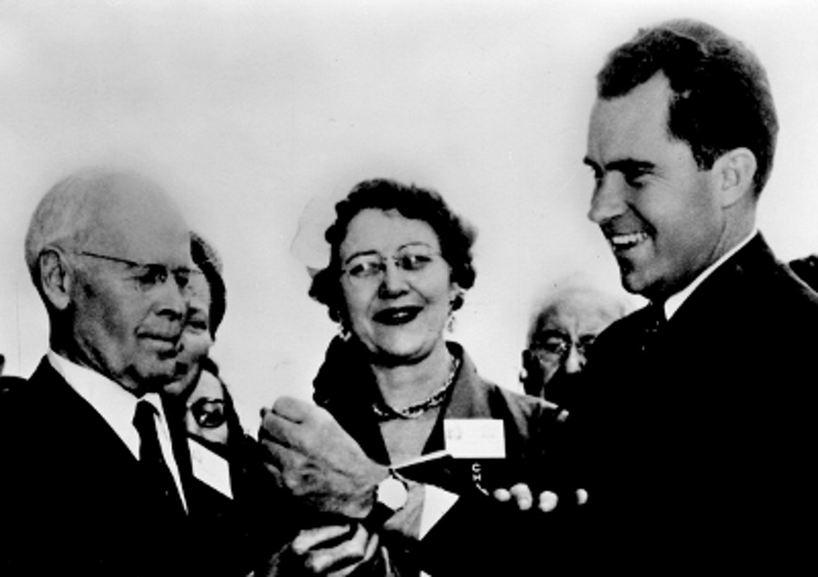 Vice-President Richard Nixon receiving his vulcain cricket from the NAWCC. Photo courtesy of the NWAC museum.