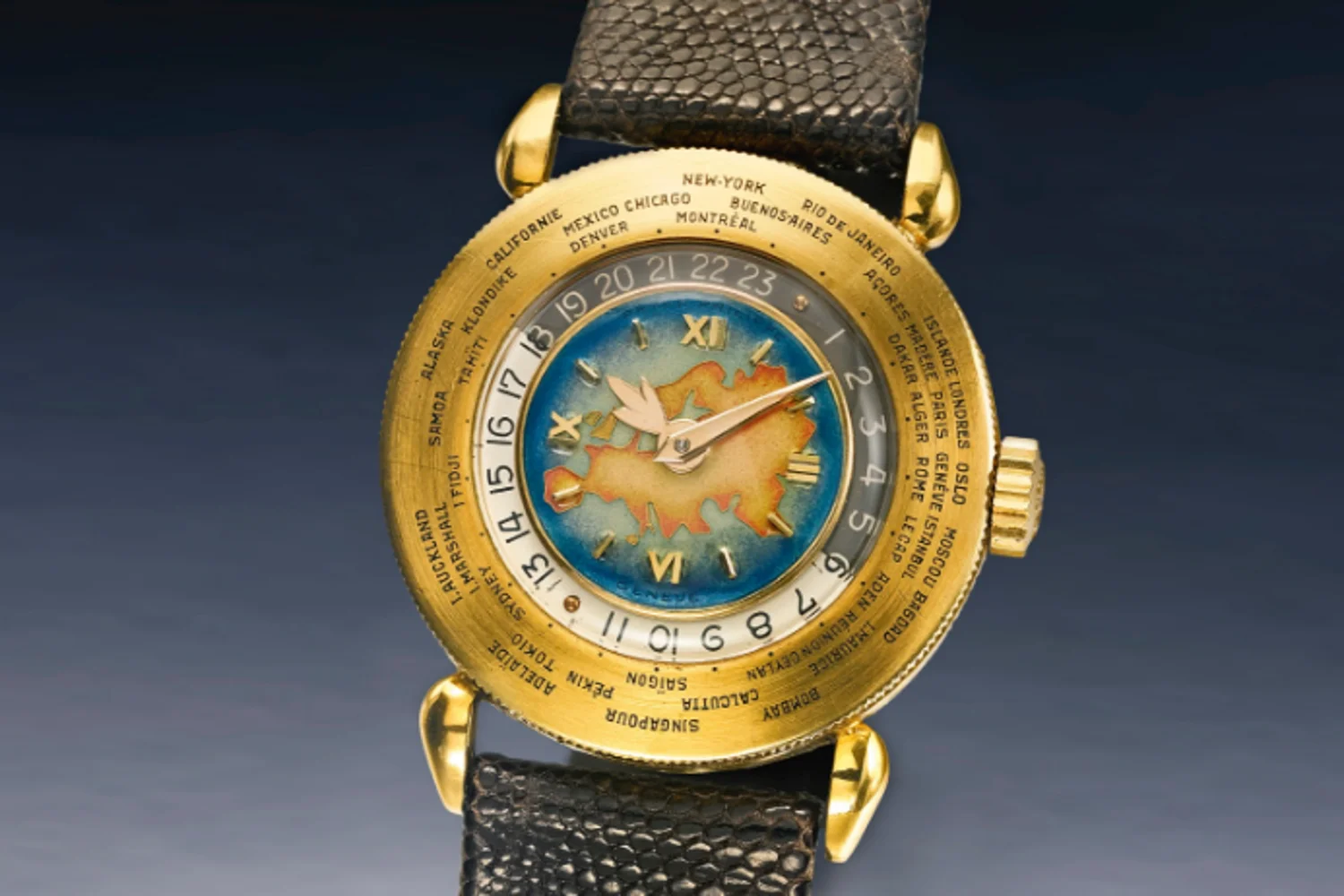 A Patek Philippe World Timer with Cloisonne enamal dial. Photo courtesy of Sotheby's.