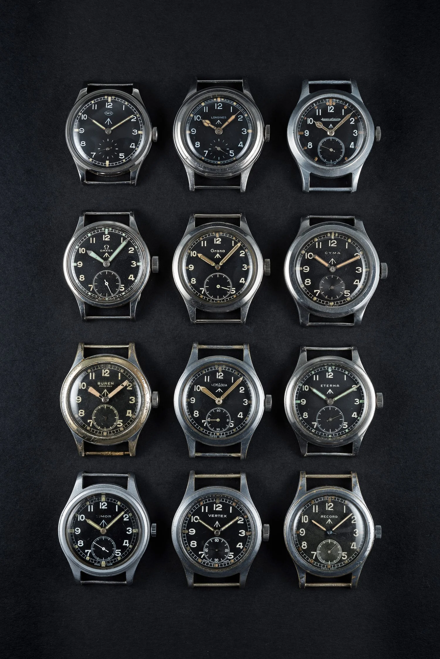 The famed 'Dirty Dozen' collection of military watches issued to the British MoD. Photo courtesy of Watches of Knightsbridge. 