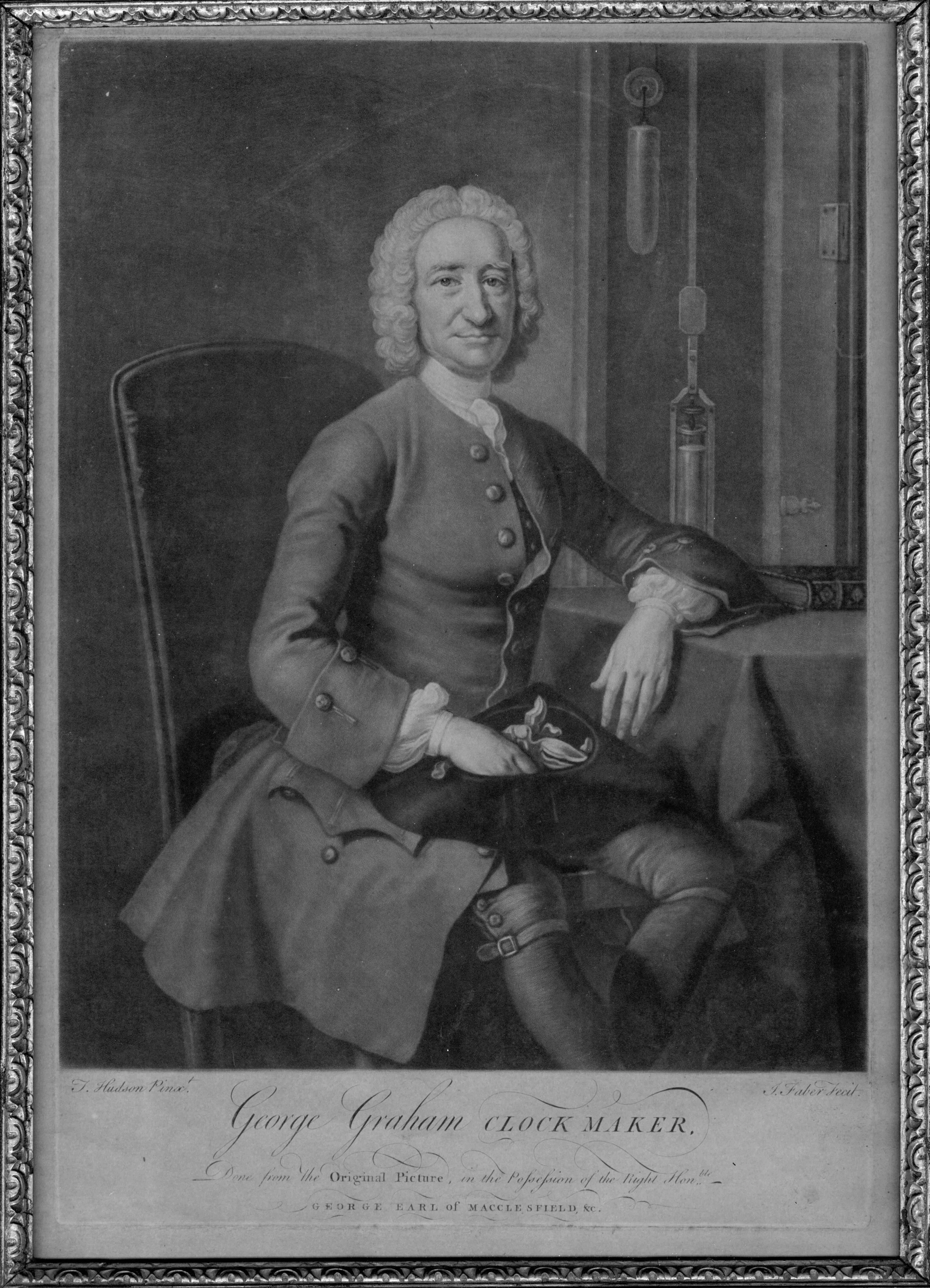 An etching of George Graham. Hudson, T., & Faber, J. (1751). Engraving of George Graham, clock maker