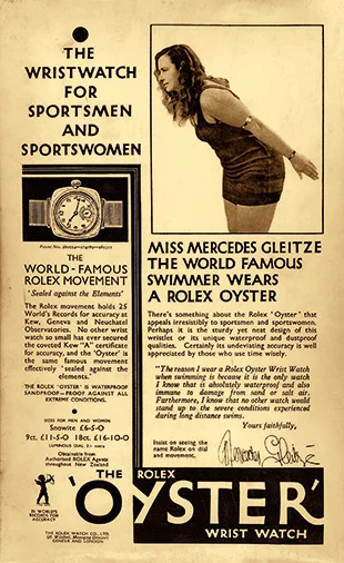 An early Rolex advert featuring Mercedes Gleitze. Photo courtesy of Rolex.