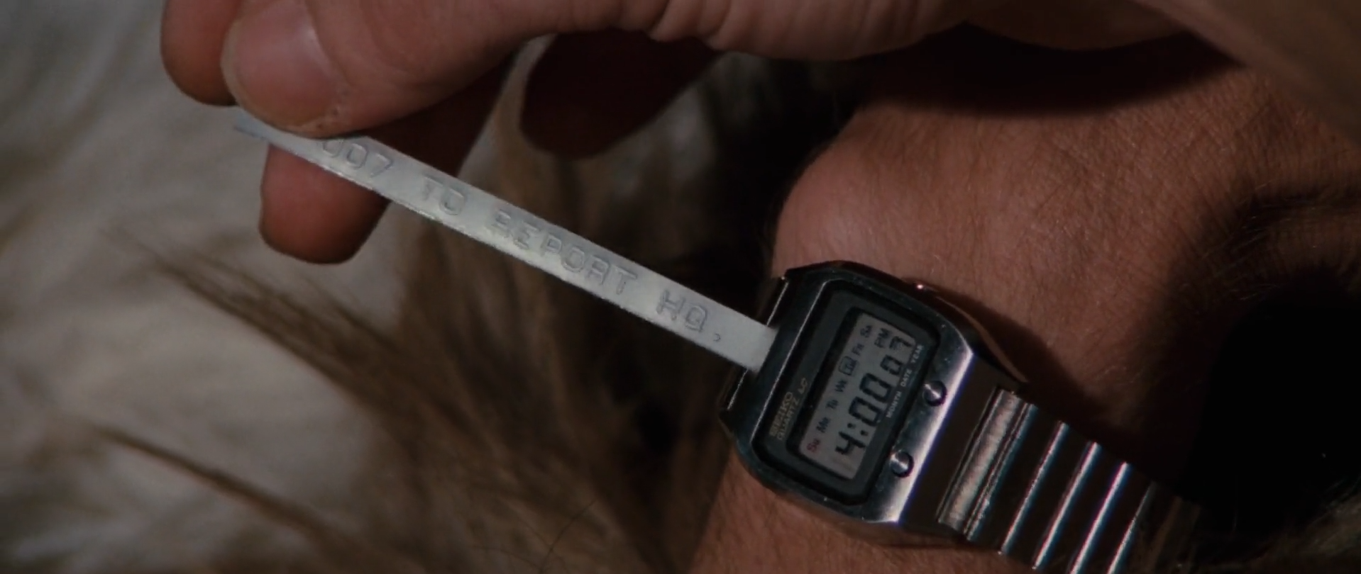 The Seiko Ref. 0764 LC "Ticker Tape" as seen in the beginning of The Spy Who Loved Me .
